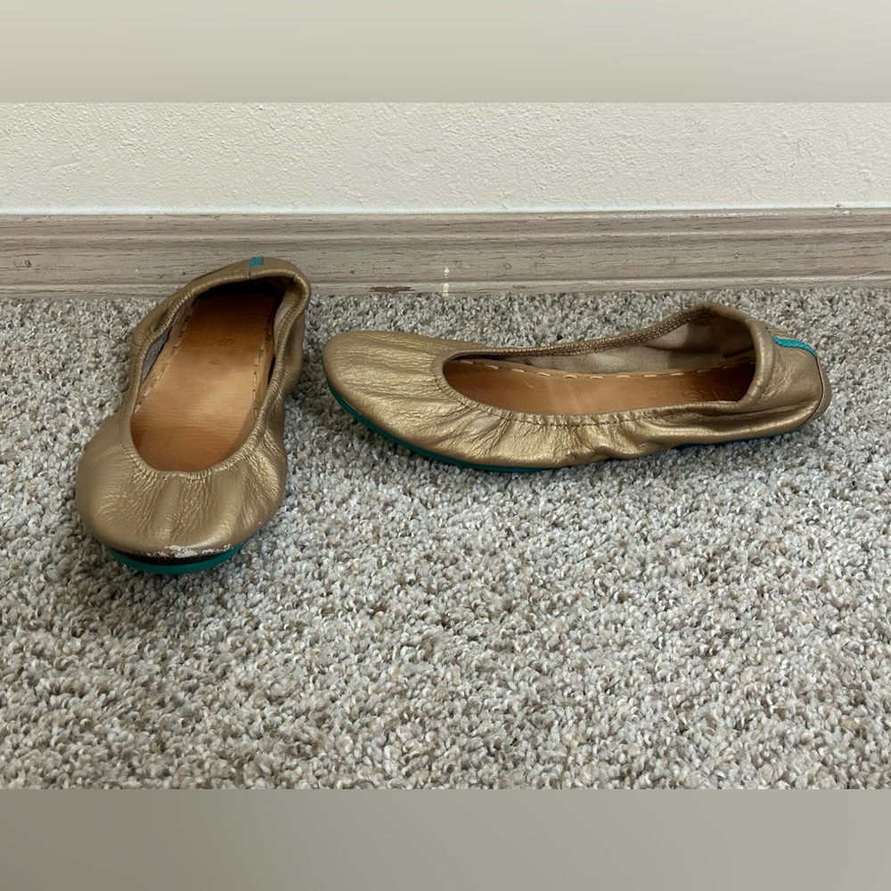 Tieks Metallic Gold Ballet Flats Teal Stripe Women's Size 9 Slip On Leather Shoe